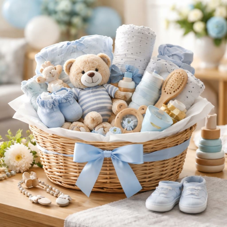 Paniers-cadeaux DIY pour bébé garçon — idées stylées pour une baby shower